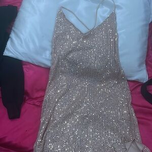 Rose gold sequin cross tie backless mini dress